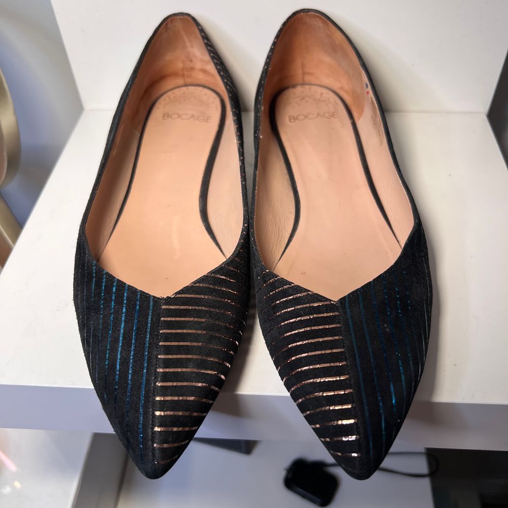 Bocage‎ Metallic Striped Pointed Toe Flats Black & Blue Elegant Shoes-SZ 39/8.5